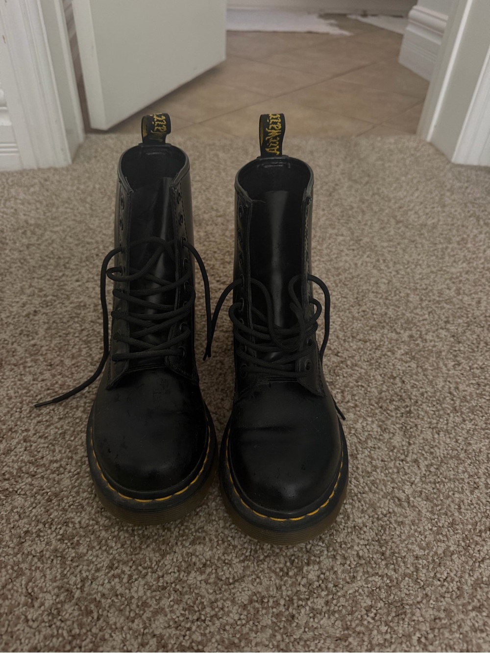 Dr. Martens Black Leather Lace-Up Combat Boots with Yellow Stitching